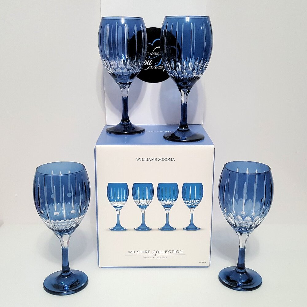 NEW RARE Williams Sonoma Blue Wilshire Jewel Cut Wine Glasses 15.5 OZ NIB
